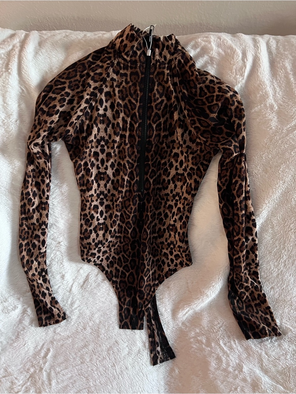 Leopard Print Long-Sleeve Bodysuit with Front Zip